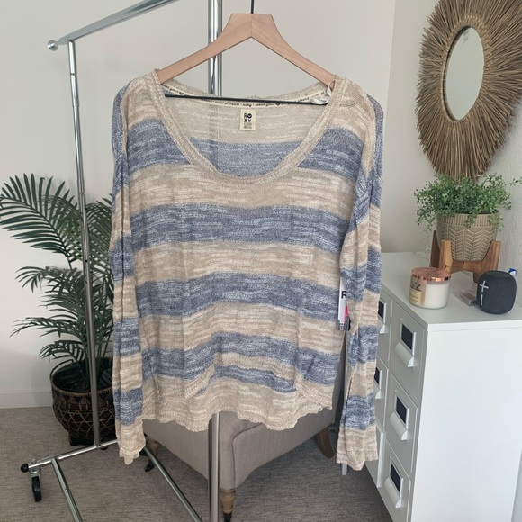 NWT Roxy Blue & Cream Striped Slouchy Knit Pullover Sweater XL - Picture 3 of 9